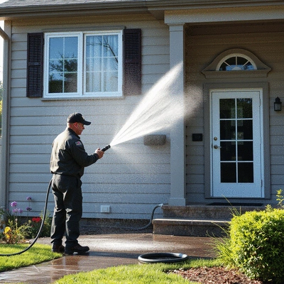 A pressure washing service in action on a house exterior