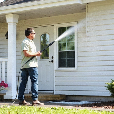 User washing the exterior of a house with a pressure washer